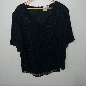 Roaman’s 100% Silk Black Beaded Blouse Floral Pattern Size 32W.